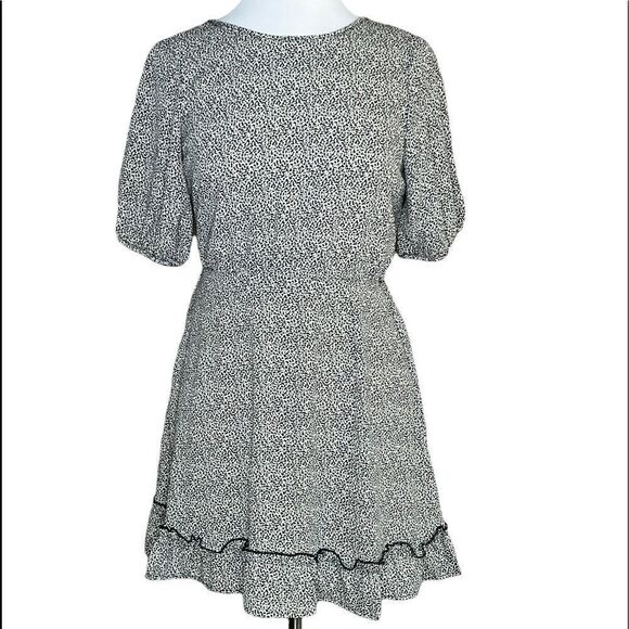 SIENNA Sky Puff Sleeve Deep V-back Printed Poly Chiffon Ruffle Hem Mini Dress - Picture 1 of 7